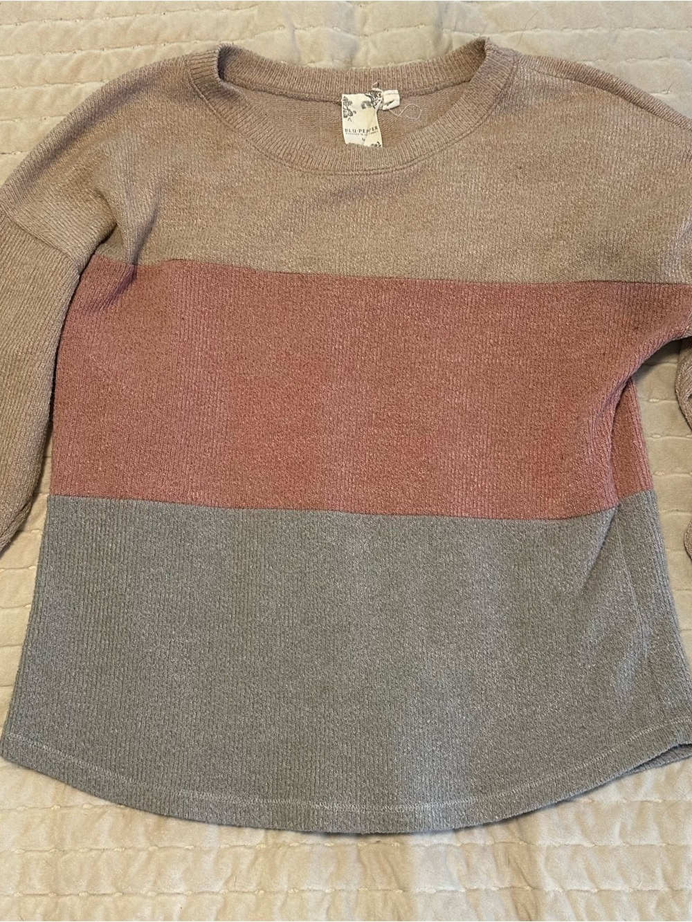 Colorblock Crewneck Sweater - Taupe, Rose, Gray